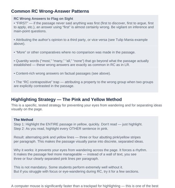 Study guide page listing common reading comprehension wrong-answer patterns