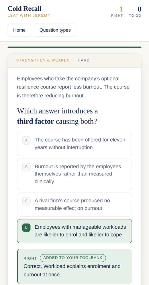 Cold Recall showing a Strengthen and Weaken question answered correctly, with the card added to the student's toolbank