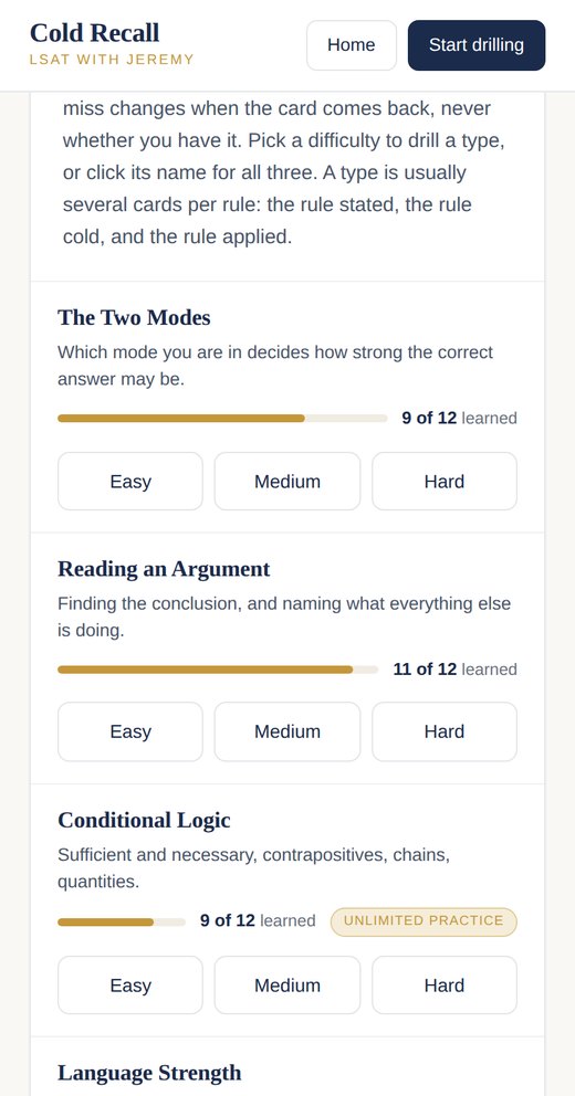 Cold Recall question types screen, showing progress through each LSAT question type